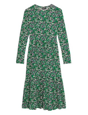 

Womens M&S Collection Jersey Printed Round Neck Midi Tiered Dress - Green Mix, Green Mix