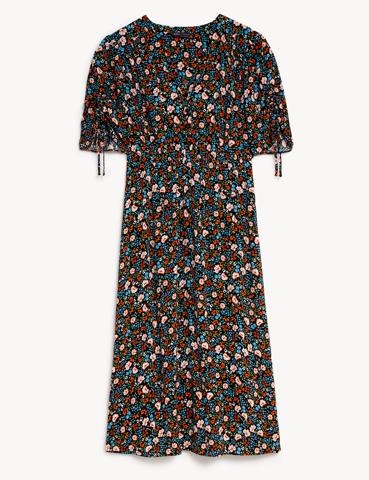 Printed V-Neck Tie Detail Midi Tea Dress