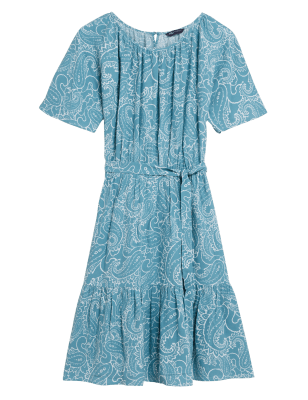 

Womens M&S Collection Paisley Round Neck Belted Mini Tiered Dress - Blue Mix, Blue Mix