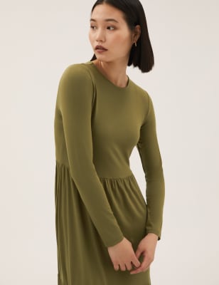 Marks And Spencer Womens M&S Collection Jersey Round Neck Midi Tiered Dress - Moss