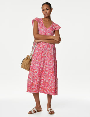 

M&S Collection Pure Cotton Jersey Printed Midi Tiered DressWomens - Pink Mix, Pink Mix