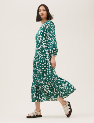 

Womens M&S Collection Pure Cotton Printed Midaxi Tiered Dress - Green Mix, Green Mix