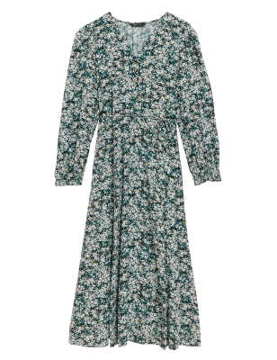 

Womens M&S Collection Floral V-Neck Tie Front Midi Waisted Dress - Green Mix, Green Mix