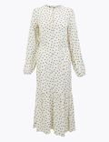 Polka Dot Frill Detail Midi Waisted Dress