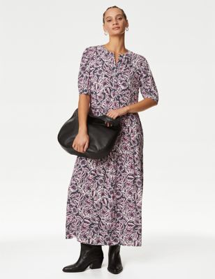 

Womens M&S Collection Printed Round Neck Midi Tiered Dress - Pink Mix, Pink Mix