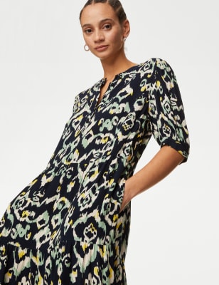 

Womens M&S Collection Gemustertes Midi-Stufenkleid mit Rundhalsausschnitt - Navy Mix, Navy Mix