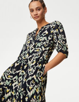 M&S Women's Printed Round Neck Midi Tiered Dress - 6REG - Navy Mix, Navy Mix,Green Mix,Pink Mix