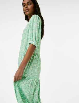 M&S Womens Printed Round Neck Midi Tiered Dress - 6REG - Green Mix, Green Mix,Navy Mix,Pink Mix