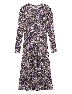 

M&S Collection Vestido de punto a media pierna estampado de manga fruncidaWomens - Black Mix, Black Mix