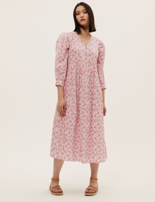 

Womens M&S Collection Pure Cotton Ditsy Floral Midi Relaxed Dress - Pink Mix, Pink Mix