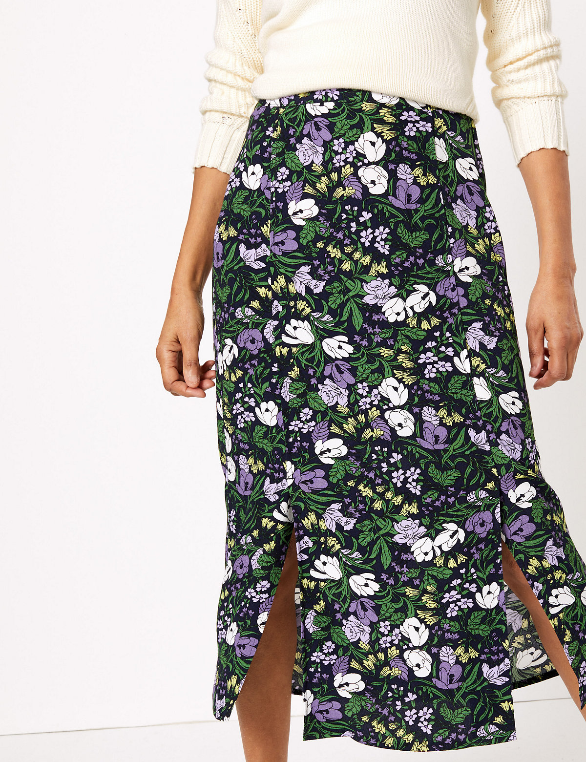 Floral Split Front Straight Midi Skirt