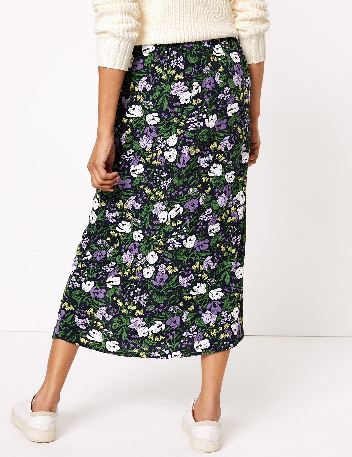 Floral Split Front Straight Midi Skirt