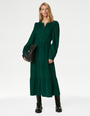 

M&S Collection Vestido a media pierna en capas de pana 100% algodón con cinturónWomens - Green, Green