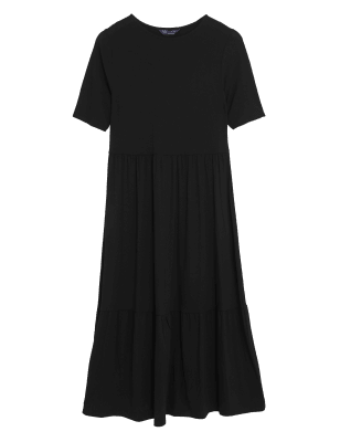 

Womens M&S Collection Jersey Short Sleeve Midi Tiered Dress - Black, Black