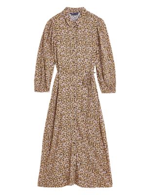 Womens M&S Collection Animal Print Tie Waist Midi Shirt Dress - Brown Mix