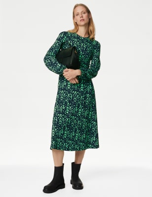 

Womens M&S Collection Jersey Printed Belted Midi Tea Dress - Navy Mix, Navy Mix