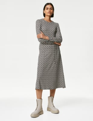 

Womens M&S Collection Gemustertes Midi-Teekleid aus Jersey mit Gürtel - Black Mix, Black Mix