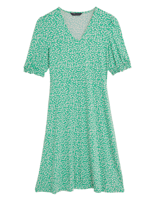 

Womens M&S Collection Gemustertes Skaterkleid aus Jersey mit V-Ausschnitt - Green Mix, Green Mix