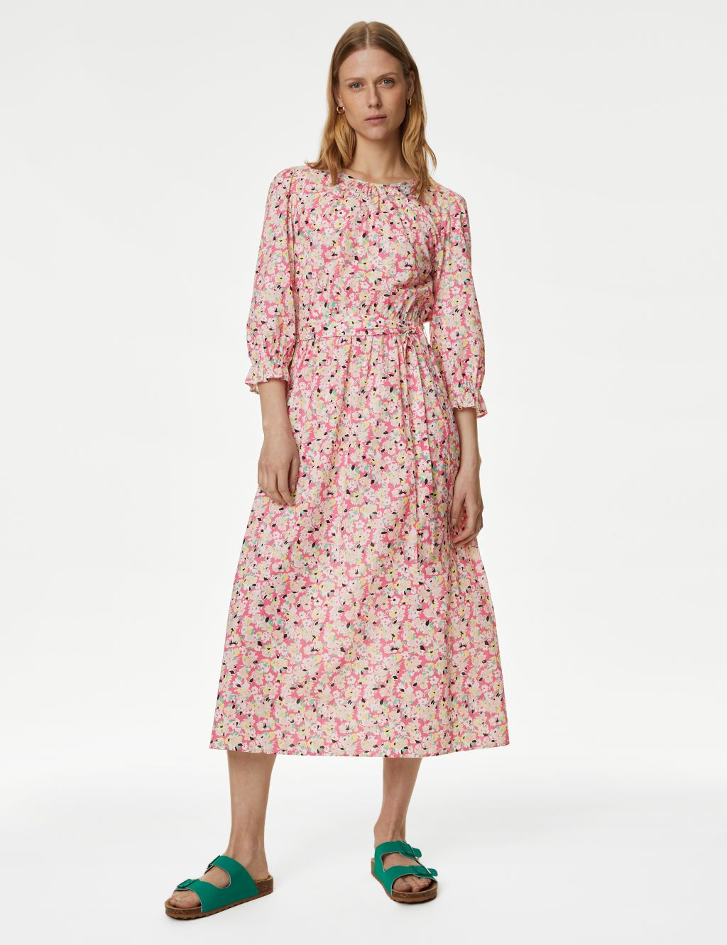 Pure Cotton Floral Midi Waisted Dress image 1