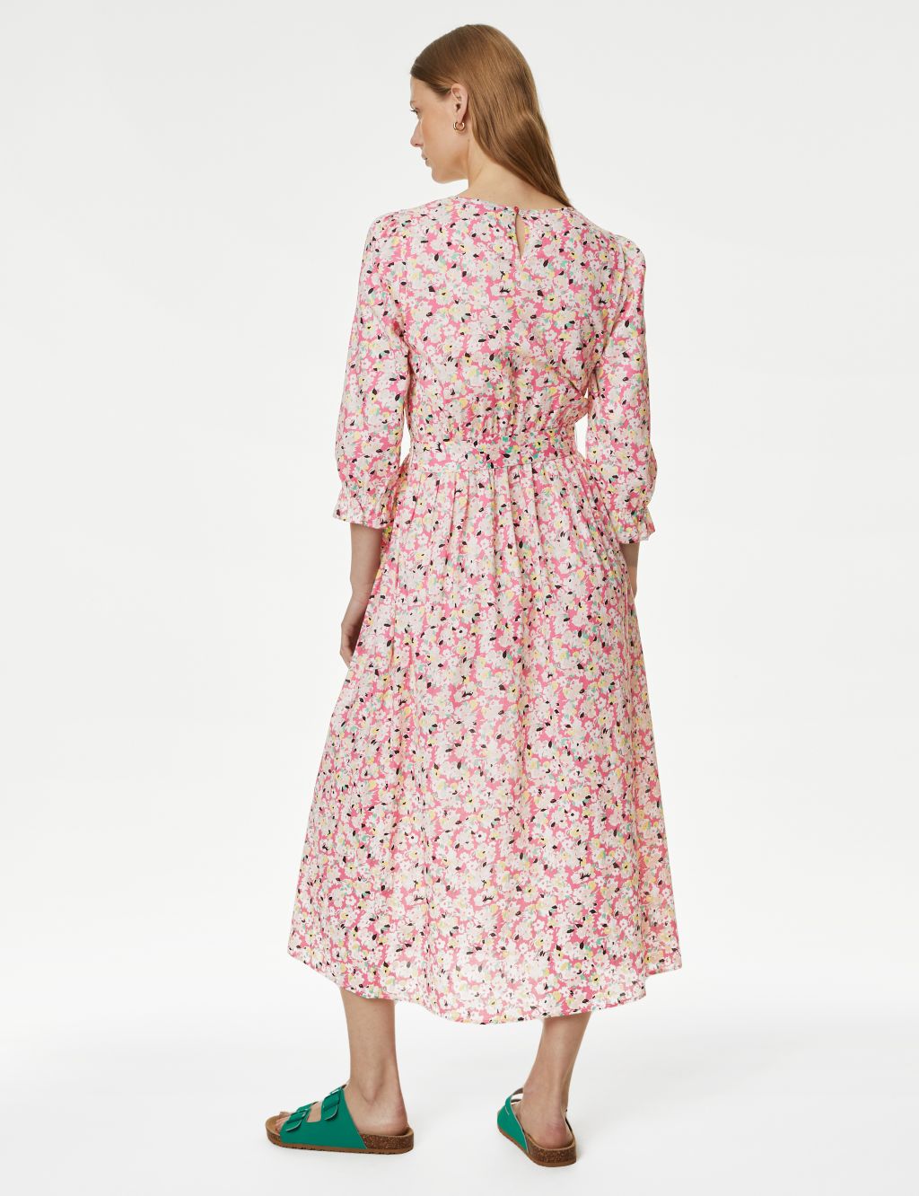Pure Cotton Floral Midi Waisted Dress image 4