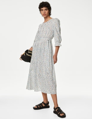 

M&S Collection Vestido a la cintura a media pierna floral 100% algodónWomens - White Mix, White Mix