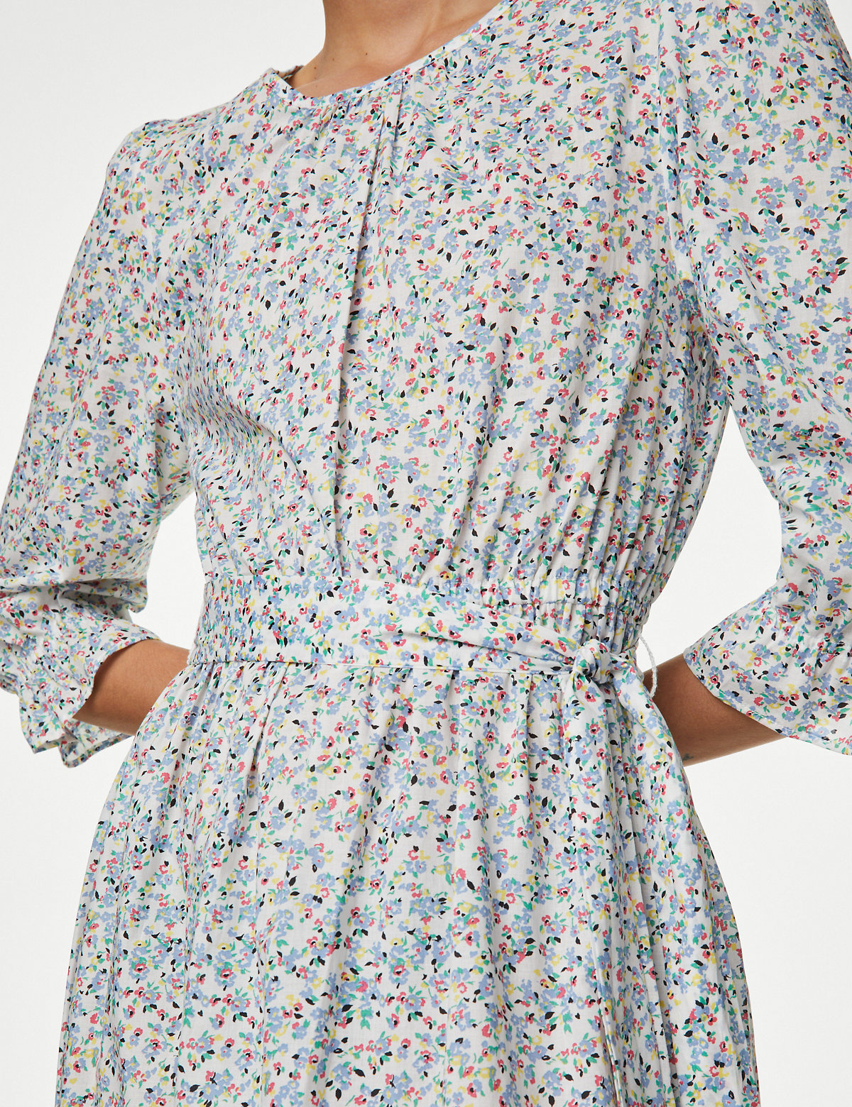 Pure Cotton Floral Midi Waisted Dress