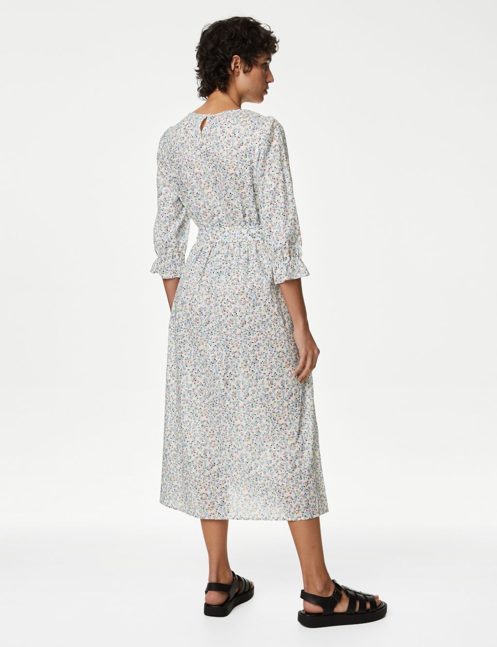 Pure Cotton Floral Midi Waisted Dress image 3
