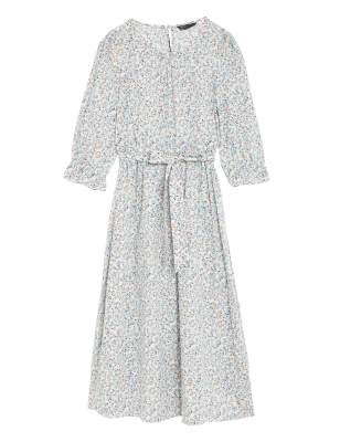 

Womens M&S Collection Pure Cotton Floral V-Neck Midi Waisted Dress - White Mix, White Mix