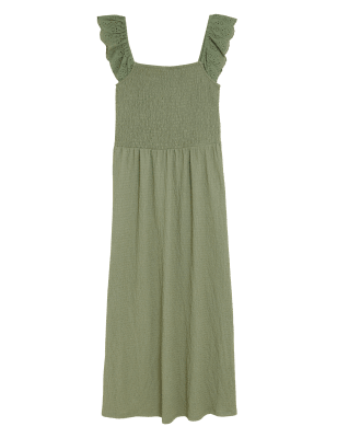 

Womens M&S Collection Jersey Broderie Shirred Midi Dress - Khaki, Khaki