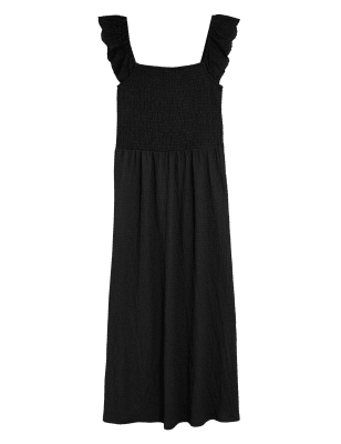 

Womens M&S Collection Jersey Broderie Shirred Midi Dress - Black, Black