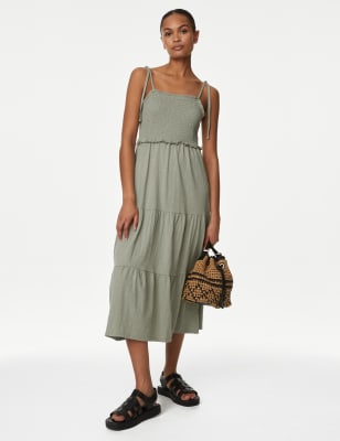 

M&S Collection Vestido a media pierna fruncido de punto 100% algodónWomens - Khaki, Khaki