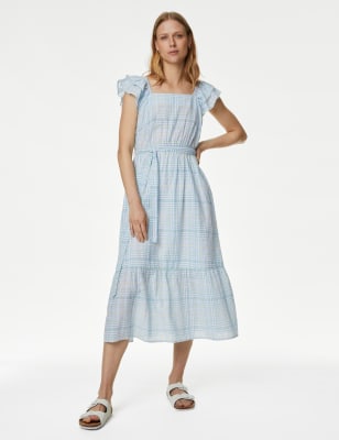 

Womens M&S Collection Checked Frill Sleeve Tiered Midi Dress - Blue Mix, Blue Mix