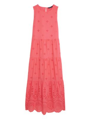 

Womens M&S Collection Pure Cotton Broderie Midaxi Tiered Dress - Coral, Coral