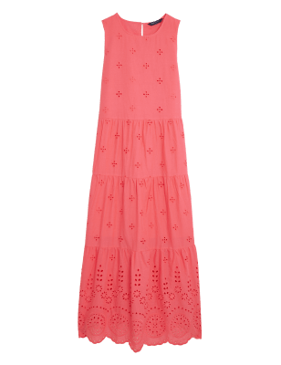 

Womens M&S Collection Pure Cotton Broderie Midaxi Tiered Dress - Coral, Coral