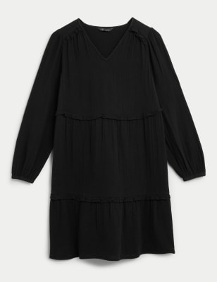 

Womens M&S Collection Pure Cotton Ruffle Mini Tiered Dress - Black, Black