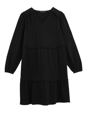 

Womens M&S Collection Mini-Stufenkleid aus reiner Baumwolle mit Volant - Black, Black