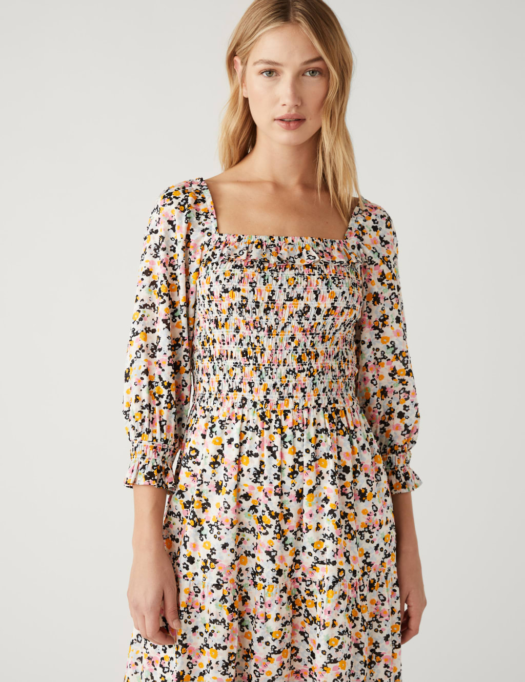 Pure Cotton Printed Shirred Midaxi Dress image 3