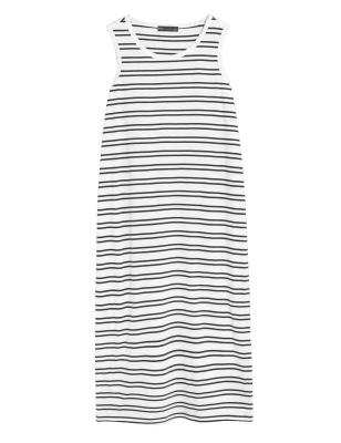 

Womens M&S Collection Pure Cotton Striped Midi T-Shirt Dress - White Mix, White Mix