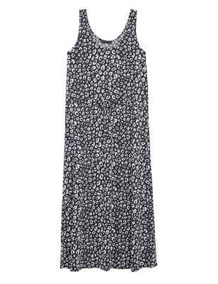 

Womens M&S Collection Linen Rich Printed Midaxi Waisted Dress - Black Mix, Black Mix