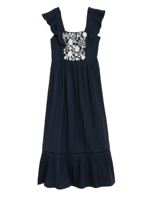 

Womens M&S Collection Pure Cotton Embroidered Midaxi Column Dress - Navy, Navy