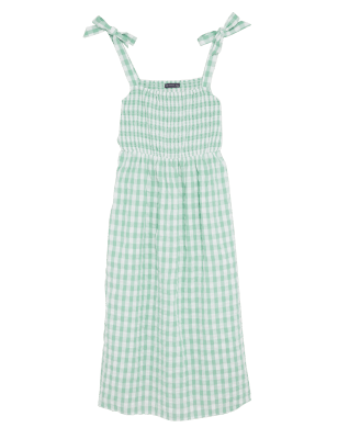 

Womens M&S Collection Midikleid aus reiner Baumwolle mit eckigem Ausschnitt und Gingham-Muster - Green Mix, Green Mix