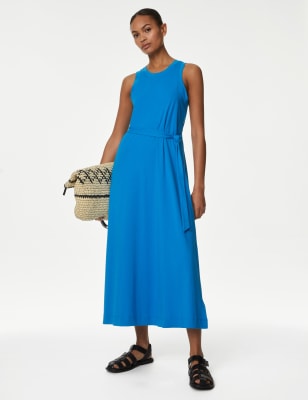 

Womens M&S Collection Pure Cotton Jersey Belted Midi Column Dress - Blue, Blue