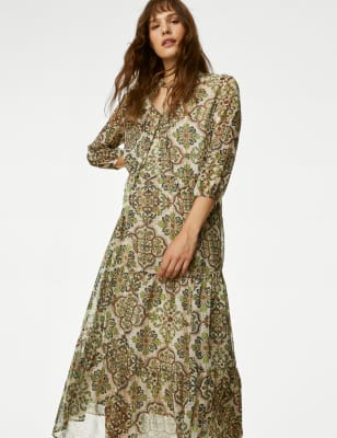 

Womens M&S Collection Printed V-Neck Midaxi Tiered Dress - Green Mix, Green Mix