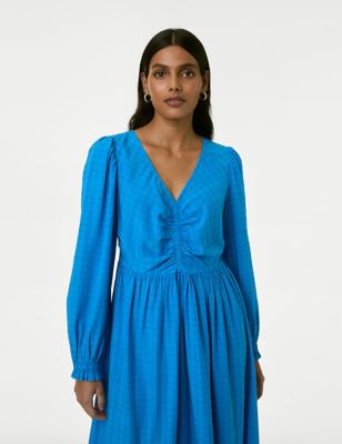 M&S Womens Textured V-Neck Ruched Midi Column Dress - 6REG - Bright Blue, Bright Blue