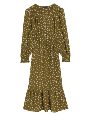 

Womens M&S Collection Sheer Ditsy Floral V-Neck Midi Tiered Dress - Khaki Mix, Khaki Mix