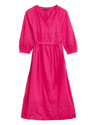 

Womens M&S Collection Pure Cotton Embroidered V-Neck Midi Dress - Pink, Pink