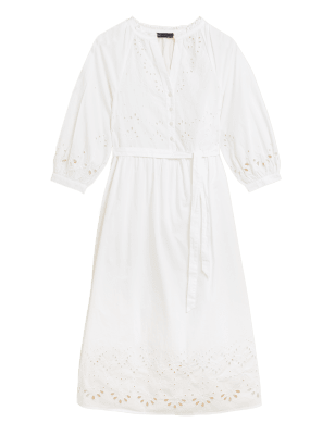 

M&S Collection Vestido a media pierna de escote en pico con bordado 100% algodónWomens - Soft White, Soft White