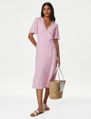 

M&S Collection Vestido cruzado a media pierna estampado de escote en pico de puntoWomens - Pink Mix, Pink Mix