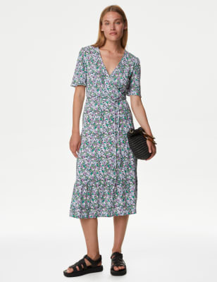 

M&S Collection Vestido cruzado a media pierna estampado de escote en pico de puntoWomens - Multi, Multi