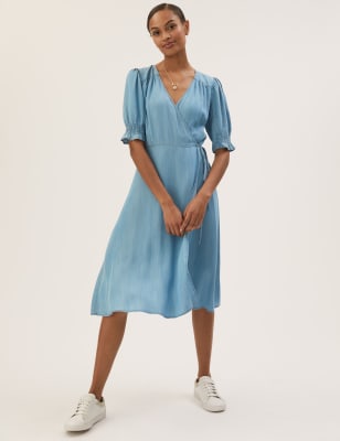 Tencel™ Denim V-Neck Midi Wrap Dress